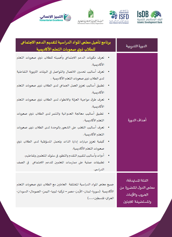 برنامج تأهيل معلمي المواد الدراسية لتقديم الدعم الإجتماعي للطلاب ذوي صعوبات التعلم الأكاديمية